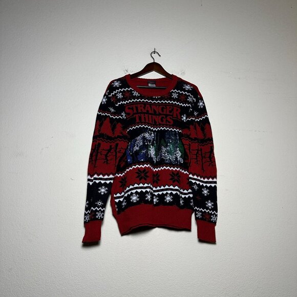 Stranger Things Sweaters Men L Red Knit Christmas Holidays Sequin Embellishment - Picture 1 of 14